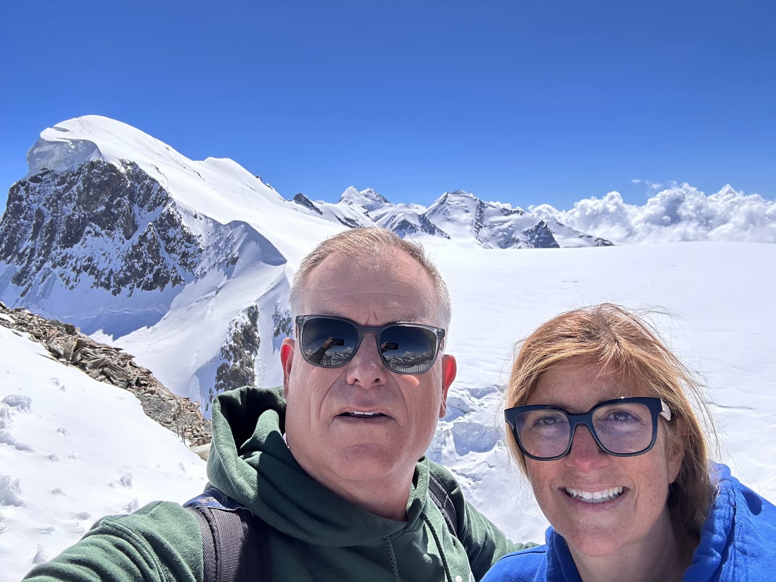 Chuck and Leslie selfie on a snowy Swiss summit