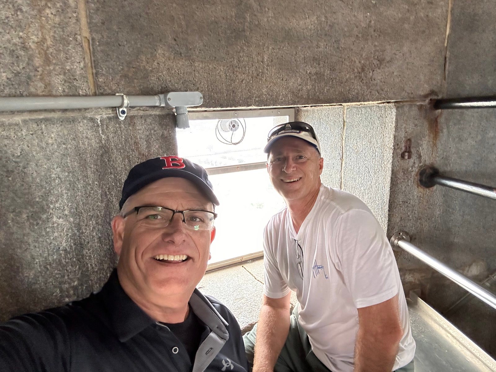 Selfie inside a stone monument stairwell in Boston